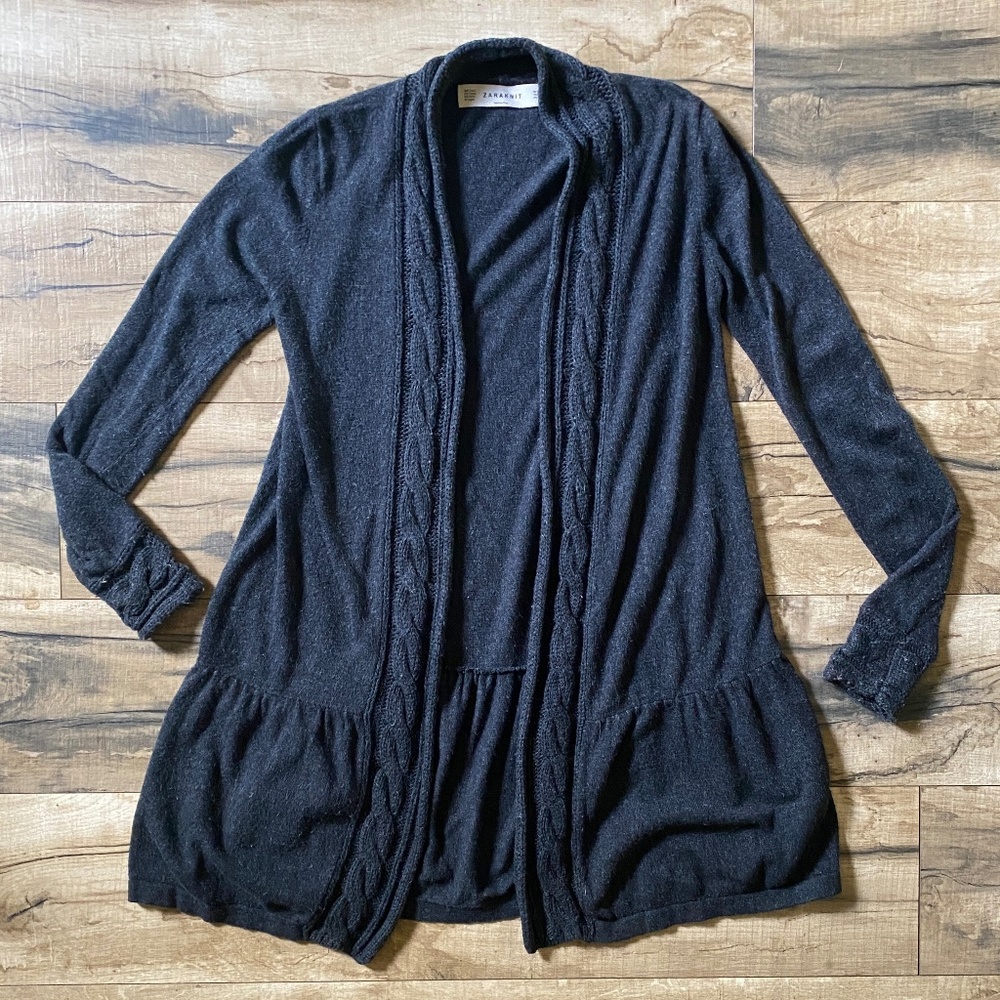 ZARA KNIT Long Dark Gray Cardigan Sweater Size Medium